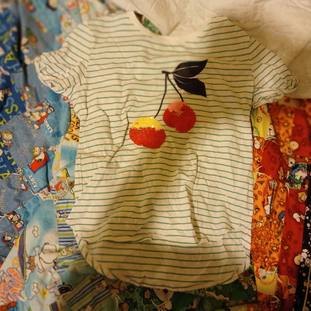GAP Green and White Short Sleeve Tee with Cherry Design